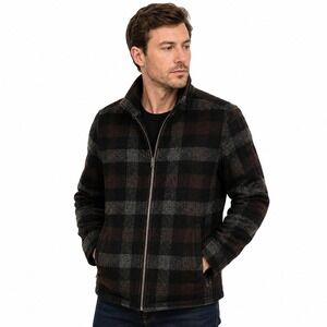 Magaschoni Wool Blend Plaid Full Zip Jacket Mens Large Malbec Combo Quiet Luxury